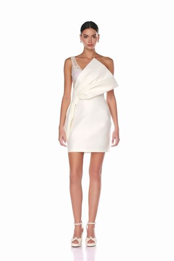 White One Shoulder Mini Evening Dress with Bow